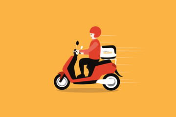 Delivery man riding motorcycle send order package to customer.