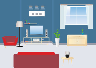 Empty living room with sofa facing TV and HI-FI set. Wooden chest of drawers is under the window. Concept vector ready for your use. 