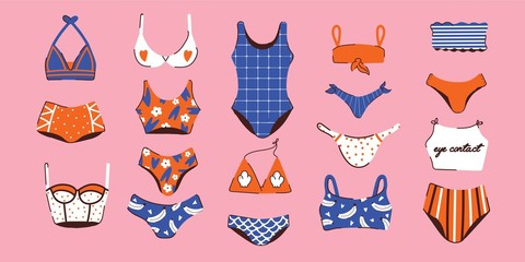 Lingerie and swimsuits vector stickers set. Various types of woman beach fashion clothes, swimsuit, bikini, monokini. Underwear tops and bottoms. Vector flat illustration isolated. Summer vibes banner