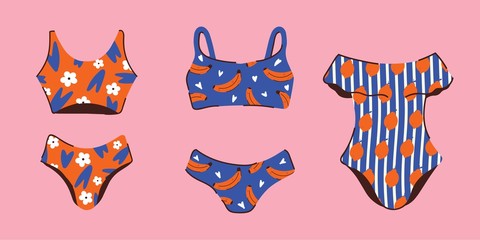Lingerie and swimsuits vector stickers set. Various types of woman beach fashion clothes, swimsuit, bikini, monokini. Underwear tops and bottoms. Vector flat illustration isolated. Summer vibes banner