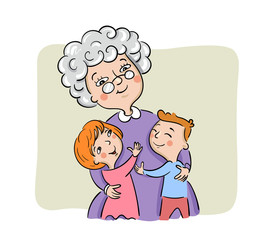 Grandmother hugs her grandchildren