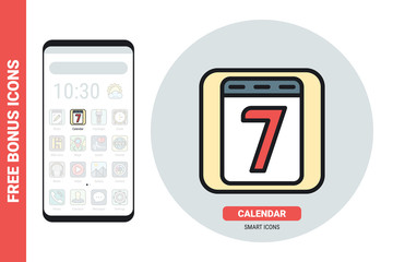 Calendar application icon for smartphone, tablet, laptop or other smart device with mobile interface. Simple color version. Contains free bonus icons