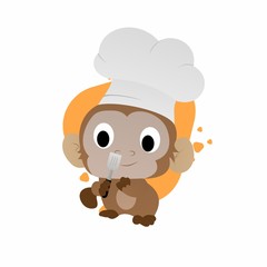 Illustration of Monkey Chef Carry Spatula Cartoon, Cute Funny Character, Flat Design