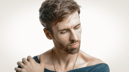 Fototapeta premium Beautiful Man With Brown Hair Isolated On White
