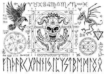 Ouija magic spiritual board design with evil face, runes and pentacle on white background.