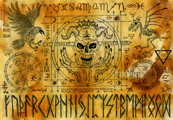 Fototapeta premium Ouija magic spiritual board design with demon, crow and runes on old paper background