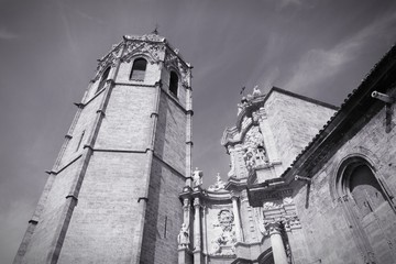 Valencia cathedral, Spain. Black and white vintage style.