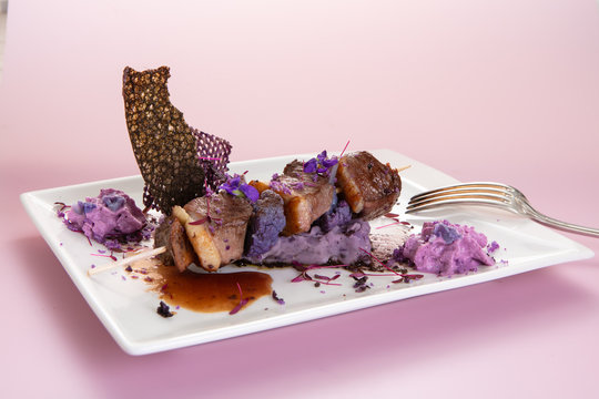 Duck breast skewer plate with purple mashed potatoes