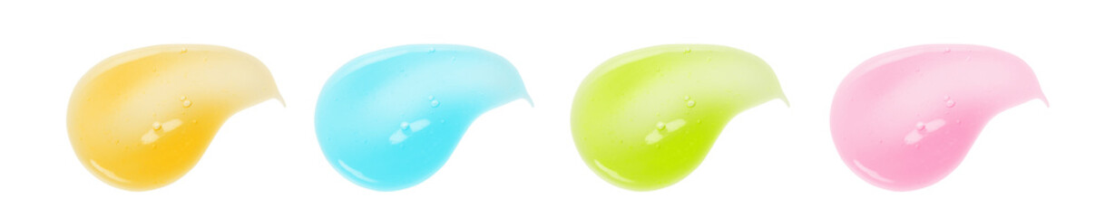 Cosmetic gel, serum texture. Clear liquid cream swatch set of different colors isolated on white. Face scrub cleanser smudge, shower gel smear, liquid soap drop. Transparent skin care product closeup