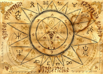 Fototapeta na wymiar Ouija spiritual board design with alchemy sings and pentacle on old paper background.