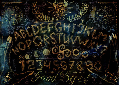 Ouija magic spiritual board design with evil face, letters and hands on grunge texture background