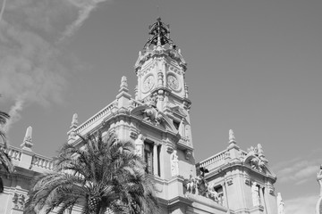 Spain - Valencia City Hall. Black and white vintage style.