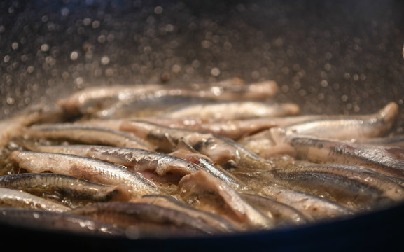 Frying anchovies in a pan