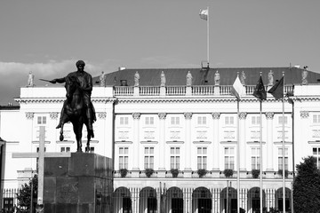 Warsaw Presidential Palace. Black and white retro style.