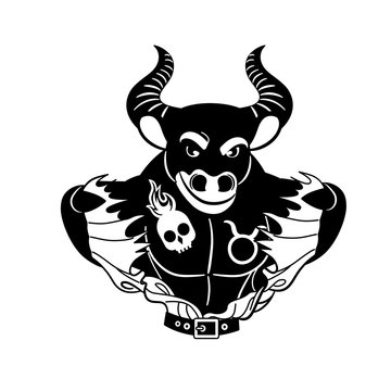 Vector illustration of black tattoo taurus simbol.  Brutal taurus-man tear off his clothes isolated on white background. Stylized picture for prints, stickers and tattoo.
