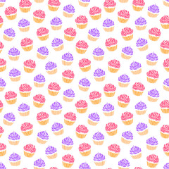 Cupcake seamless pattern with white background. Colorful cupcakes vector illustration. Yummy desserts.