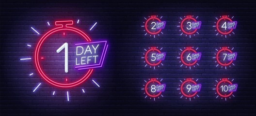 Neon sign countdown days to event on brick wall background. Number of days left. - obrazy, fototapety, plakaty