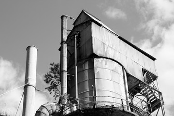 Abandoned factory in Norway. Black and white retro style.