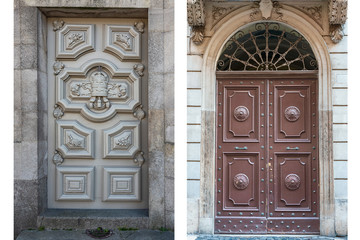 two old weathered wooden doors with wooden decorations in the historic part of Lisbon