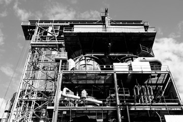 Steel mill - abandoned industry. Black and white retro style.