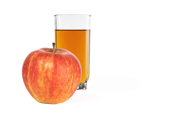 ripe red apple and a glass of apple juice isolated on white background