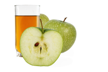 ripe juicy apples and a glass of apple juice isolated on white background