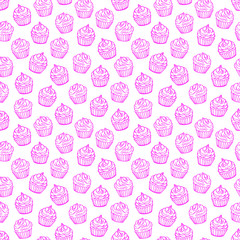 Outlined cupcakes on white background. Seamless vector pattern. Food, desserts and sweet theme.