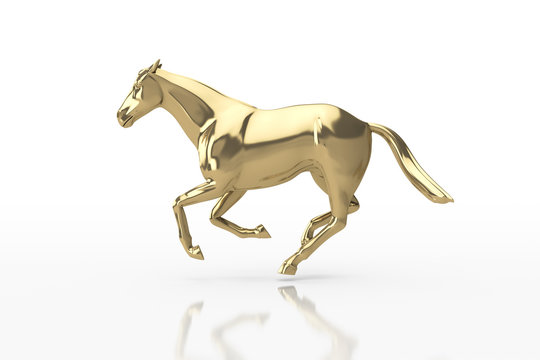 3D Illustration. Glossy Gold Strong horse in Elegant running Pose, Isolated with Clipping Path, Clipping Mask. Business Strategy planning and leadership Concept.
