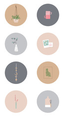 Obraz premium Icons of decor elements for a modern interior. Things for home design. Round vector icons. Trending things in everyday life.