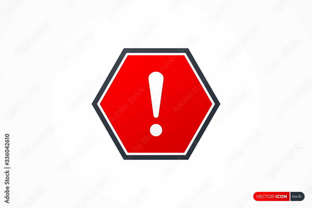 Poster alert sign, warning and exclamation icon with red hexagon and black outline border outside. flat vec