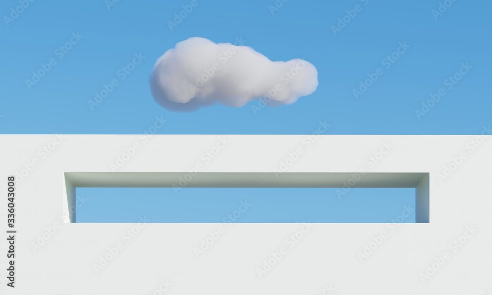 Poster concrete building with cloud shadows on sky background. minimal architecture ideas concept. 3d rende