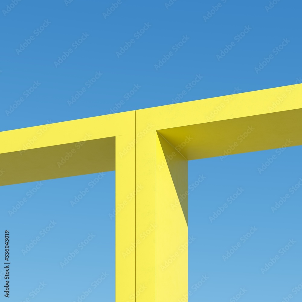 Poster yellow shape building with shadows on sky background. minimal architecture ideas concept. 3d render.