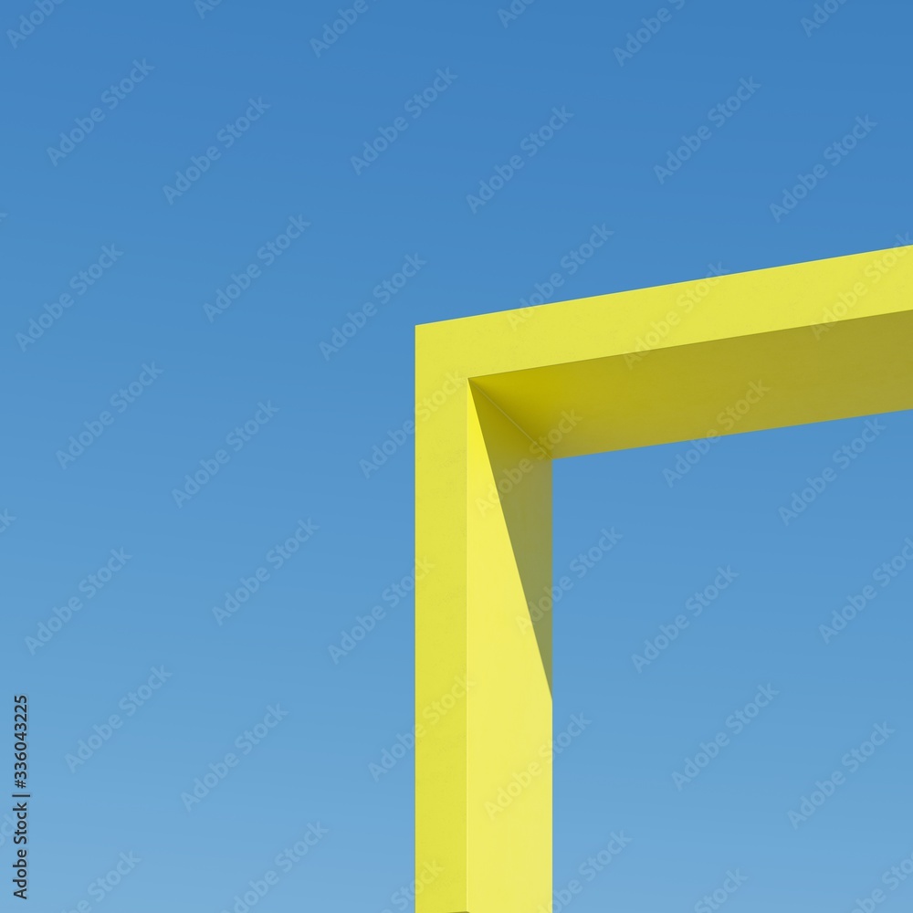Poster yellow shape straight building with shadows on sky background. minimal architecture ideas concept. 3