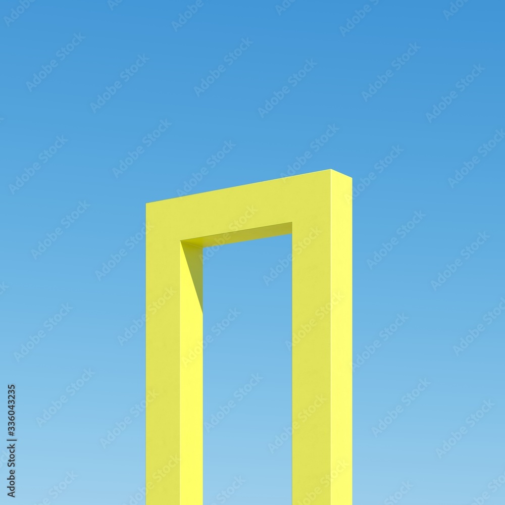 Poster yellow shape door building with shadows on sky background. minimal architecture ideas concept. 3d re