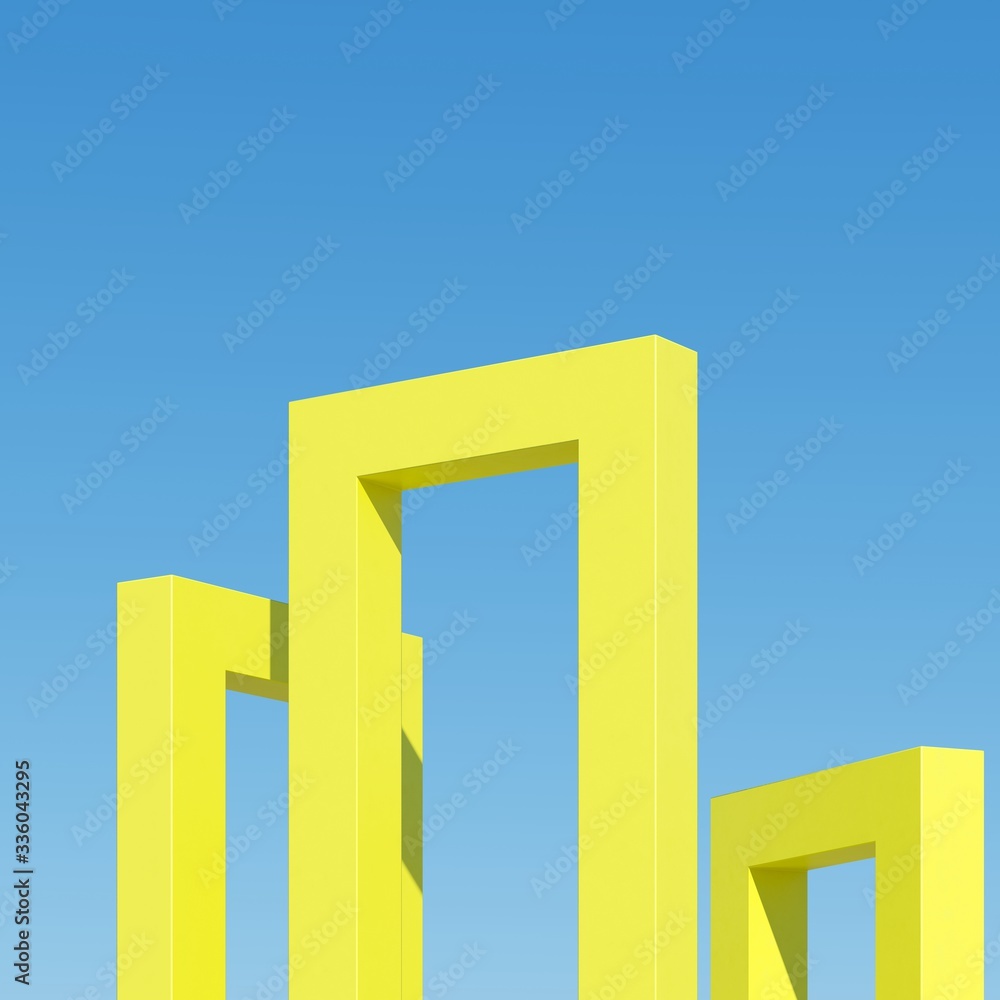 Poster yellow door building with shadows on sky background. minimal architecture ideas concept. 3d render.