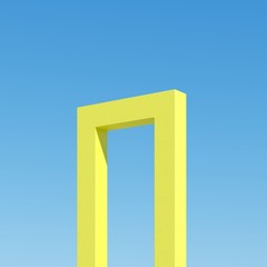 Yellow shape door building with shadows on sky background. Minimal architecture Ideas concept. 3D Render.