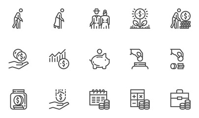 Pension Vector Line Icons. Retirement Plan, Pension Payment, Pension Fund, Benefits. Editable Stroke. 48x48 Pixel Perfect. - obrazy, fototapety, plakaty
