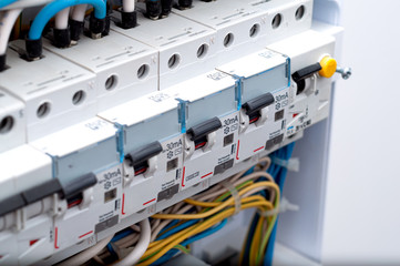 Voltage switchboard with circuit breakers. Electrical background