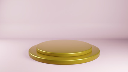 Golden circle product stage stand on pink pastel background. 3D Rendering