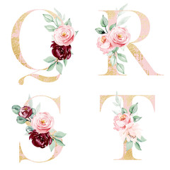 Alphabet floral, letters set with watercolor painting flowers and leaf. Gold monogram initials perfectly for wedding invitations, greeting card, logo, poster and other. Holiday design.