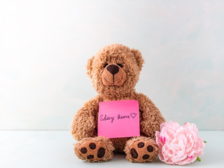 Teddybär mit einem rosa Noitzzettel Stay home auf seinem Bauch, Corona Virus, Isolation