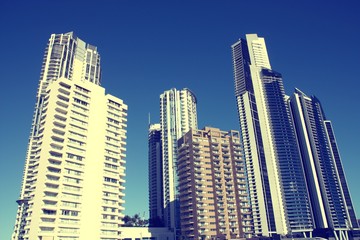 Hotels in Gold Coast, Australia. Retro filtered color style.