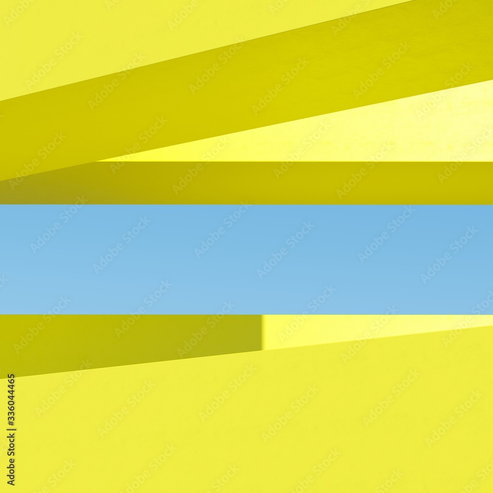 Poster yellow door building with shadows on sky background. minimal architecture ideas concept. 3d render.