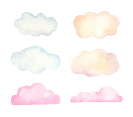 Watercolor hand painted simple clouds collection, pastel colors. Stock clouds illustration.