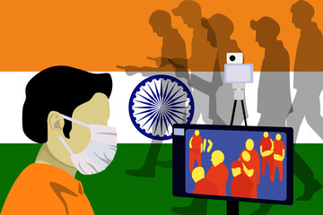 Illustration vector graphic of Health officials check people who come from China with a thermal scanner to scan the corona virus on india Flag background. Stop virus outbreak concept.