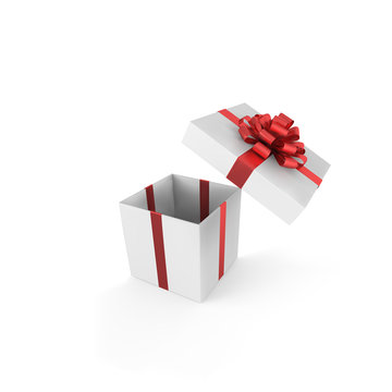 Realistic open white gift box with satin red bow. isolated on white background. Vector illustration