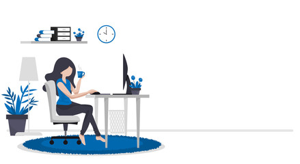 Work form home or work at home concept background of woman working with computer on table in room at her home with a cup of coffee with your copy space.