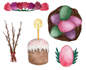 A festive set of Easter elements - Easter cake with a candle, a basket of eggs, twigs of willow. Religious holiday - Easter. Watercolor illustration for any design.	
