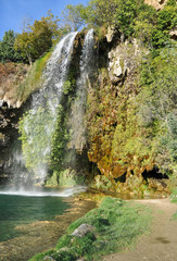 SALLES LA SOURCE, AVEYRON, OCCITANIA, FRANCE, EUROPE, AUTUMN 2018. Salles la Source waterfall.