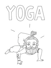 Hand painted bearded man in yoga poses, meditation, relax, balance, tree poses.  Adult coloring pages. Yoga asana.  Bearded man with tattoo in outline stile.Vector illustration.